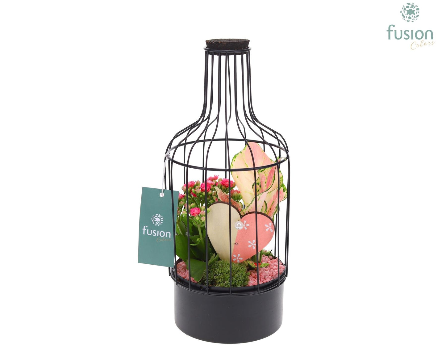 Metaal fles zwart Small Love met arrangement 29cm 13cm Pot