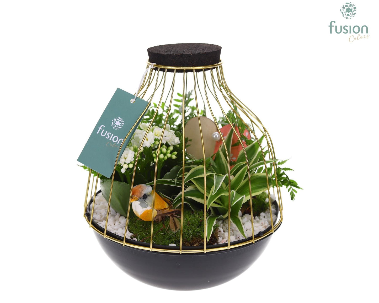 Vogelkooi metaal goudzwart Large Love met arrangement 25cm 21cm Pot