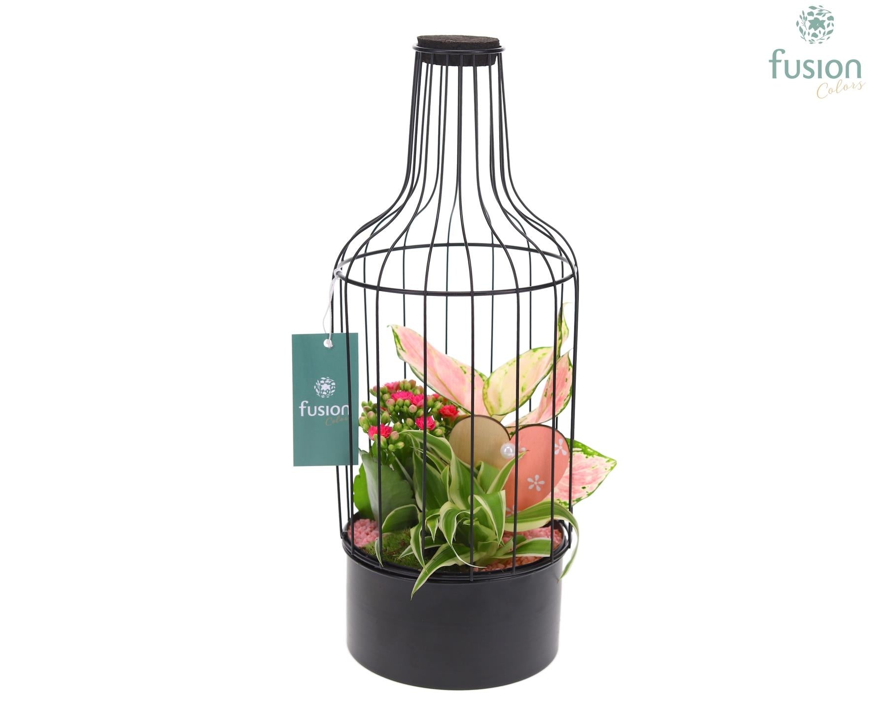 Metaal fles zwart Medium Love met arrangement 43cm 15cm Pot